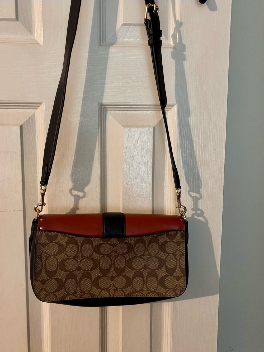 Coach Two-Tone Signature Canvas Crossbody in Brown, Black & Tan. - Picture 3 of 5